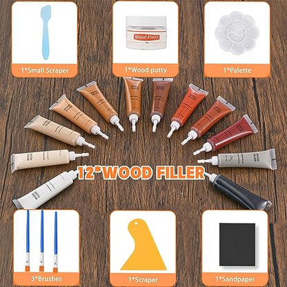 Wood Repair Kit 12 Colors Resin Filler Restore Finish for Wood Furniture Touch Up Paint, Laminate Floor Repair Kit for Scratches, Stains, and Holes