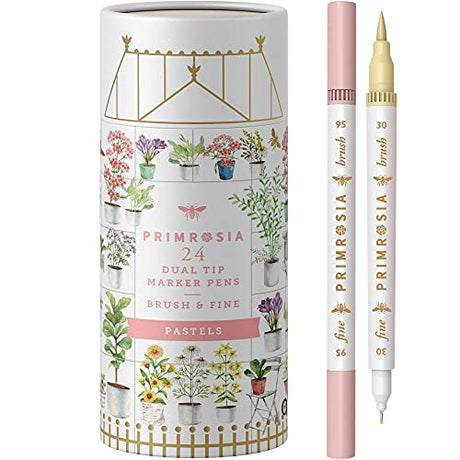Primrosia 24 Pastel Dual Tip Markers, Fine Tip and Brush Pens. Perfect for art, illustration, drawing, calligraphy and bullet journals Primrosia