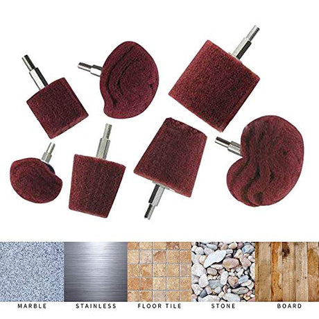 Polishing (Brushing) Shaped scouring pad Grinding Head - 7Pcs Red Non Woven Abrasive Drill Buffing Attachment Set with 1/4 Handle for ABSOK