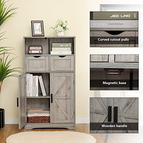 WEENFON Floor Storage Cabinet with 2 Adjustable Drawers & 2 Barn Doors, Standing Cupboard with 2 Shelf, for Living Room, Home Office, Kitchen, Grey WEENFON