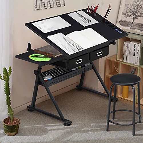 Yaheetech Drafting Table for Artists, Height Adjustable Drawing Desk Art/Craft Desk Diamond Paintings Work Station w/ 2 Storage Drawers and Stool for Yaheetech