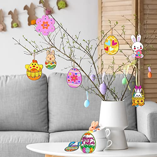 TREACLUB 36PCS Unfinished Wood Easter Ornaments, 12 Styles DIY Easter Eggs Bunny Chick Hanging Ornaments with Stickers Colored Pen Pom-poms Cutouts - WoodArtSupply