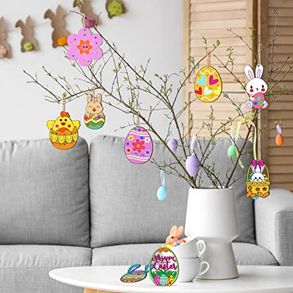 TREACLUB 36PCS Unfinished Wood Easter Ornaments, 12 Styles DIY Easter Eggs Bunny Chick Hanging Ornaments with Stickers Colored Pen Pom-poms Cutouts