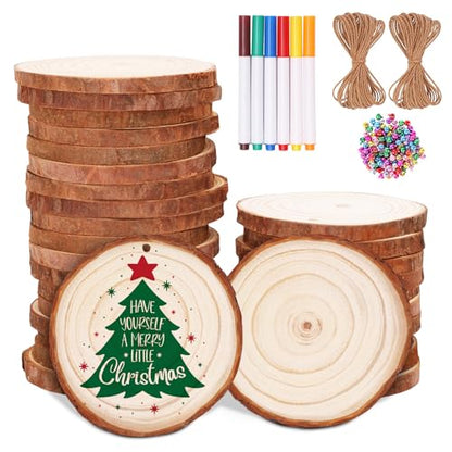 Max Fun Natural Wood Slices 30PCS 3.5-4'' Crafts DIY Wooden Christmas Ornaments Unfinished Predrilled Round Wood Circles for Arts and Crafts