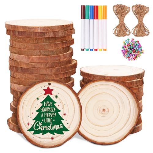Max Fun Natural Wood Slices 30PCS 3.5-4'' Crafts DIY Wooden Christmas Ornaments Unfinished Predrilled Round Wood Circles for Arts and Crafts Max Fun