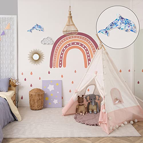 WEBEEDY Make 2 Dolphin Glass Mosaic Kit Creativity DIY Mosaic Glass Kit for Kids Adults Include Glass Mosaic Tiles, Wooden Chips, Ribbon WEBEEDY