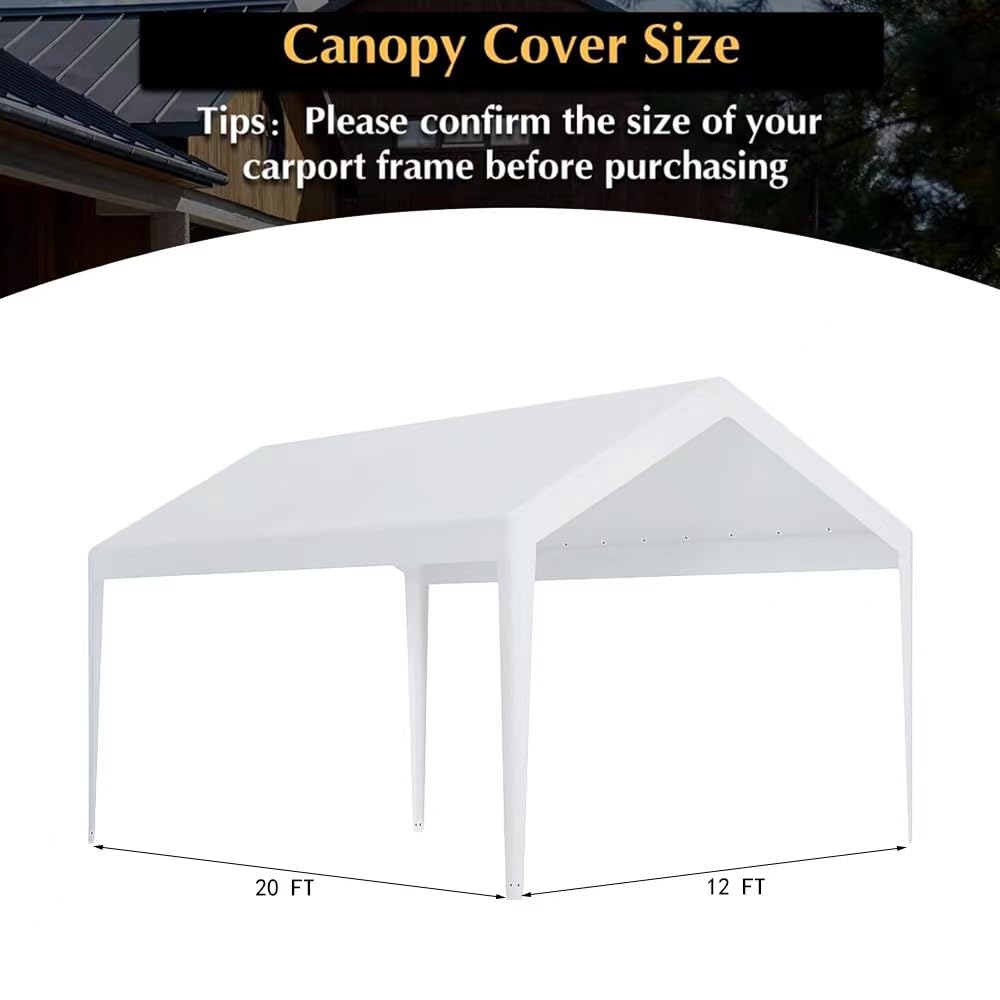 Carport Replacement Canopy, Replacement Top Cover for 12' x 20' Carport Frame, 180G PE Fabric Waterproof & UV Protected Tarp with Ball Bungees, White - WoodArtSupply