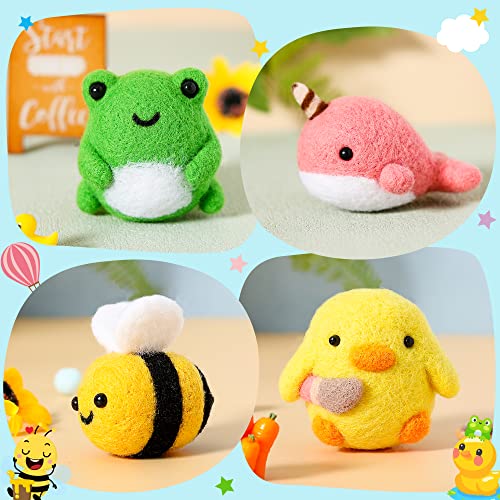 WATINC Set of 4 Cute Animal Needle Felting Starter Kit Frog Chick Bee Narwhal Animal Doll Wool Felting Tools Felt Needles Foam Mat DIY Needlework WATINC