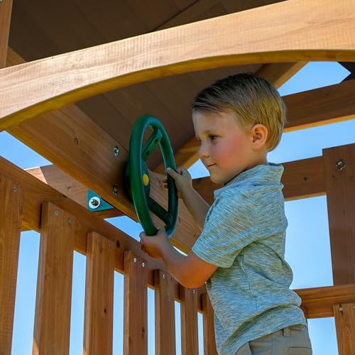Backyard Discovery Lightning Ridge All Cedar Wooden Swing Set, Raised Clubhouse, 2 Belt Swings, 10 Inch Wave Slide, Ladder, Climbing Rock Wall Brown Backyard Discovery