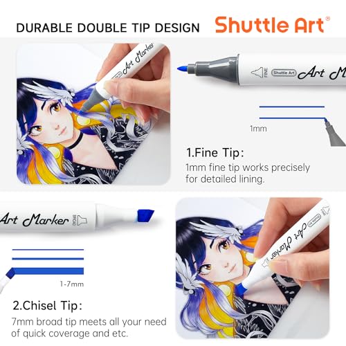 Shuttle Art 240 Colors Alcohol Markers, 239 Colors Dual Tip Art Marker Set Plus Colorless Blender, Micro-tip Pens, White Highlighter Pens, Marker Bag Shuttle Art