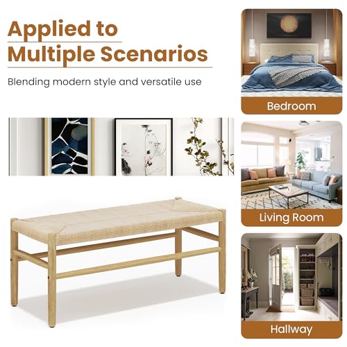Recaceik Indoor Entryway Bench with Paper Cord Ottoman, Mid-Century Long Bench with Rubber Wood Legs, French Vanity End Bed Bench for Bedroom Living Recaceik