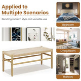 Recaceik Indoor Entryway Bench with Paper Cord Ottoman, Mid-Century Long Bench with Rubber Wood Legs, French Vanity End Bed Bench for Bedroom Living Recaceik