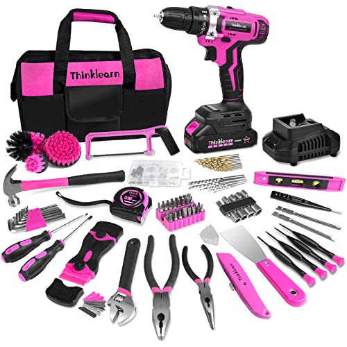ThinkLearn Tool Kit with 20V Cordless Drill(265in-lbs), Pink Drill Set for Women, Lady's Home Tool Kit for DIY, Daily Repair Tool Set as a Creative ThinkLearn