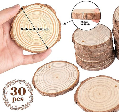 ilauke Wood Slices, 30PCS 3.1''-3.5''Natural Wooden Christmas Ornaments Kit Unfinished Wooden Circles with Pre-Drilled Hole, Acrylic Paint, Diamonds, - WoodArtSupply