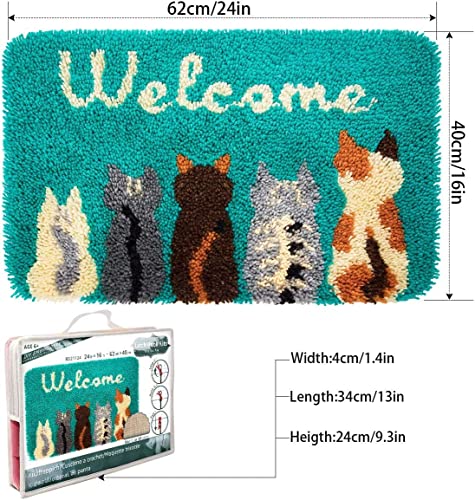 Latch Hook Kits for Adults - Cats Welcome Rug Kits 24x16 in, DIY Latch Hook Rug Kit, Cross Stitch Rug Making Kit, Carpet Making Crochet Kits
