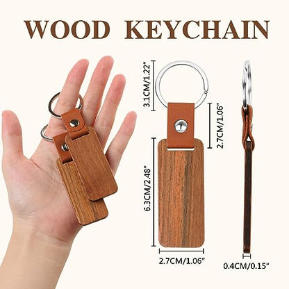 10PCS Leather Wood Keychain Blank, Wooden Keychain Blanks with Leather Strap, Unfinished Wooden Keychains for Laser Engraving, DIY Various Key Tags,