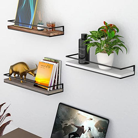 Meangood Floating Shelves Wall Mounted Set of 2, Rustic Wood Wall Storage Shelves for Bedroom,Living Room,Bathroom, Kitchen Torched Wood Meangood