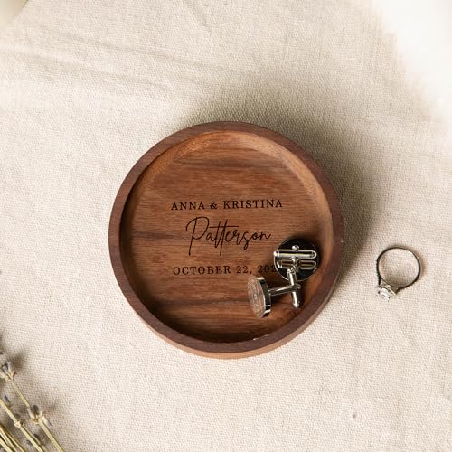 MUUJEE Personalized Walnut Wood Round Ring Tray Dish Jewelry Organizer for Small Items Bracelets Christmas Holiday Engagement Anniversary Wedding - WoodArtSupply