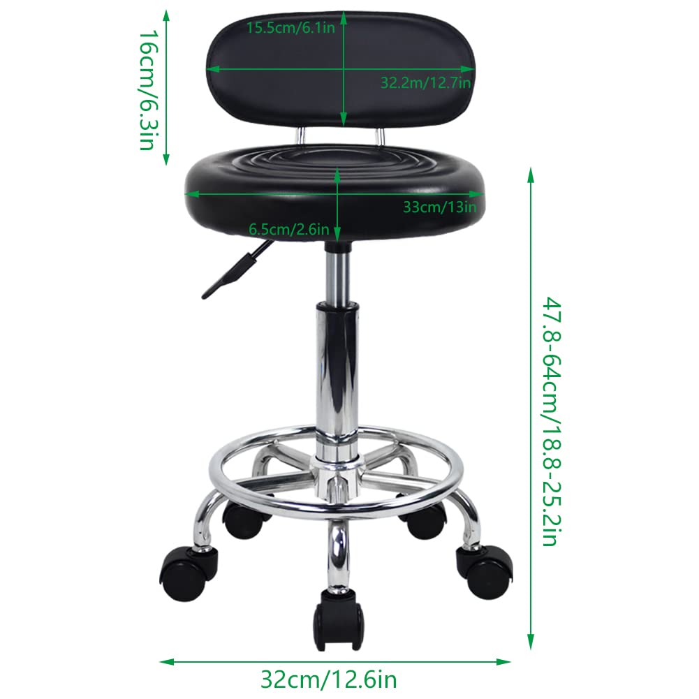 KKTONER PU Leather Modern Rolling Stool with Low Back Height Adjustable Work Salon Drafting Swivel Task Chair with Footrest (Black) - WoodArtSupply