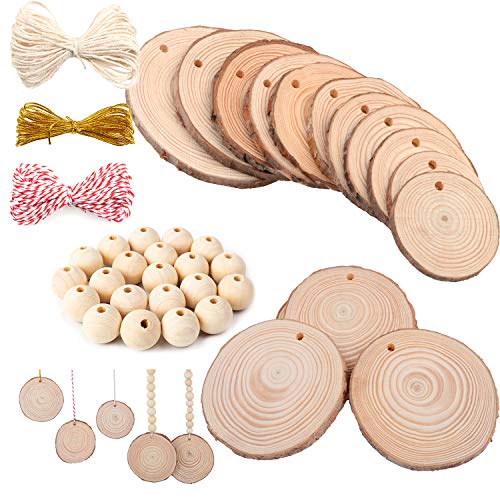 AD Beads 230 Pieces Natural Wood Slices and Round (30 Pieces Slices, 16mm 50 Pieces, 14mm 50 Pieces, 12mm 100 Pieces) Plus 30 Yards Craft String kit AD Beads