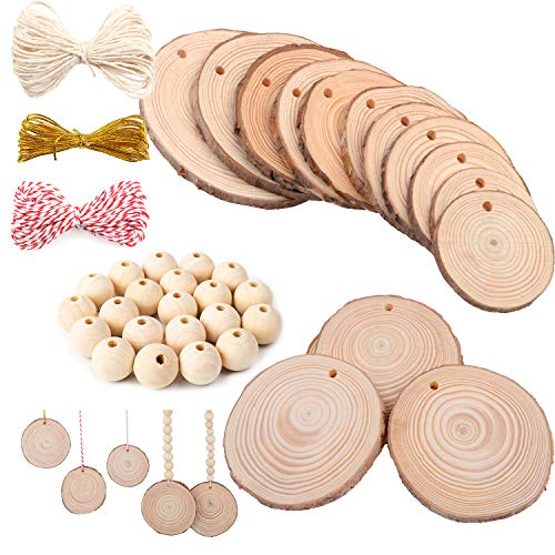 AD Beads 230 Pieces Natural Wood Slices and Round (30 Pieces Slices, 16mm 50 Pieces, 14mm 50 Pieces, 12mm 100 Pieces) Plus 30 Yards Craft String kit