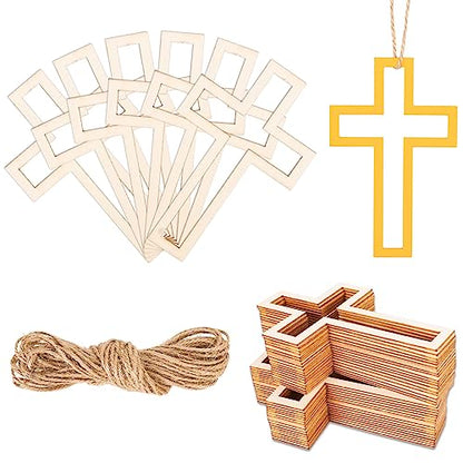 Whaline 36Pcs Blank Wood Cutouts Unfinished Wooden Cross Cutouts with Hemp Rope 2.8x4.3 Inch DIY Hanging Ornaments Embellishments Wooden Slices for - WoodArtSupply