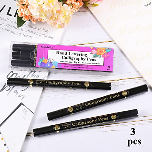 Sunshilor Dual Brush Calligraphy Pens Black Hand Lettering Pens for Beginners Writing, Art Drawing, Sketching, Illustration, Scrapbooking, Sunshilor