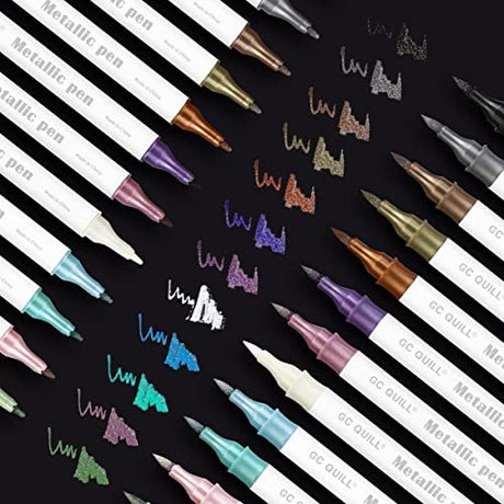 GC QUILL 12 Colors Metallic Marker Pens - Dual Tip Brush and Fine Point Pens for DIY Album, Black Cards, Scrapbooking, Craft Supplies, on Ceramic, GC QUILL