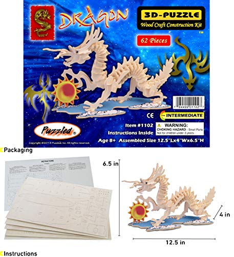 Puzzled 3D Puzzle Dragon Wood Craft Construction Model Kit, Fun Unique & Educational DIY Wooden Toy Assemble Model Unfinished Crafting Hobby Puzzle Puzzled