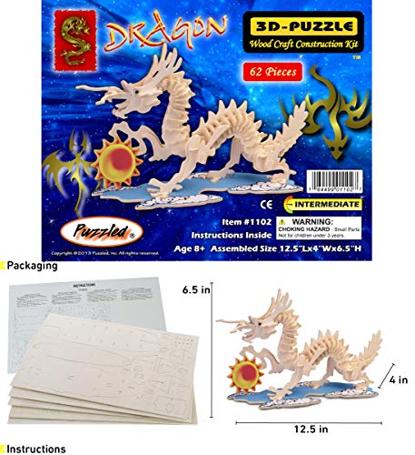 Puzzled 3D Puzzle Dragon Wood Craft Construction Model Kit, Fun Unique & Educational DIY Wooden Toy Assemble Model Unfinished Crafting Hobby Puzzle