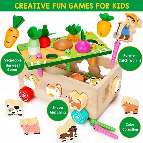 Toddlers Montessori Toys for 2,3,4 Year Old Baby Boys and Girls, Educational Wooden Shape Sorting Toys with Vegetables & Farm Animals Blocks, Fine
