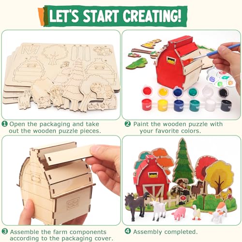 FUNCREVITY Wooden Arts and Crafts Kits for Kids Boys Girls Paint Your Own Farm Toys DIY Kids Activities Painting Kits Christmas Birthday Gift Ages 3 - WoodArtSupply