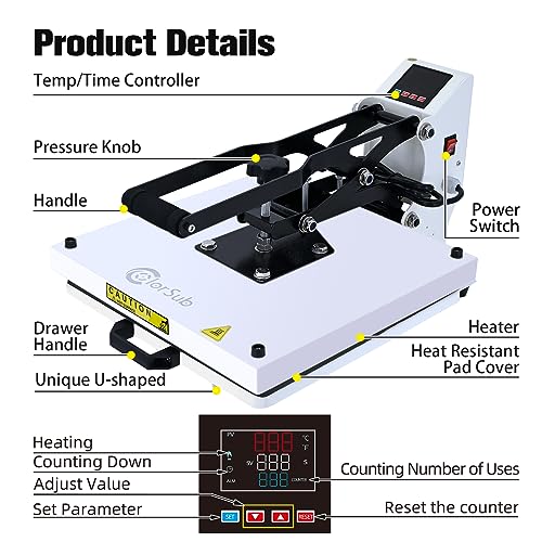 ColorSub Heat Press Machine for T-Shirt 15x15, Digital Industrial Quality Heat Press Machine Clamshell Transfer Sublimation Print Press Machine White ColorSub
