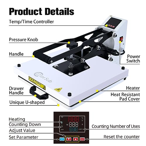 ColorSub Heat Press Machine for T-Shirt 15x15, Digital Industrial Quality Heat Press Machine Clamshell Transfer Sublimation Print Press Machine White - WoodArtSupply