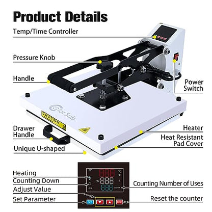 ColorSub Heat Press Machine for T-Shirt 15x15, Digital Industrial Quality Heat Press Machine Clamshell Transfer Sublimation Print Press Machine White - WoodArtSupply