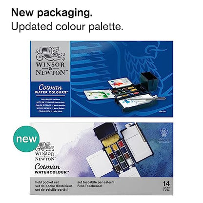 Winsor & Newton Cotman Watercolor Paint Set, Field Pocket Set, 12 Half Pan w/ Brush, Sponge, Bottle - WoodArtSupply