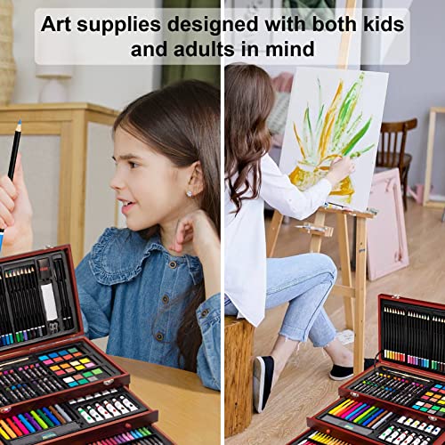 Art Supplies, 185 Piece Deluxe Wooden Art Set, Professional Art Kit with 2 Sketch Books, Crayons, Oil Pastels, Colored Pencils, Watercolor Paints, Cre