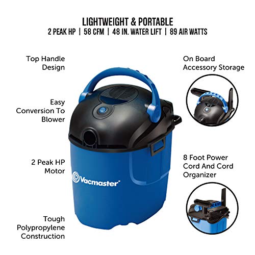Vacmaster, VP205, 2.5 Gallon 2 Peak HP Portable Wet/Dry Shop Vacuum, Blue Vacmaster
