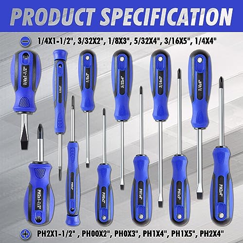 CARTMAN 12 Piece Magnetic Screwdriver Set - 6 Phillips and 6 Flat, Professional Cushion Grip Hand Tools Set CARTMAN