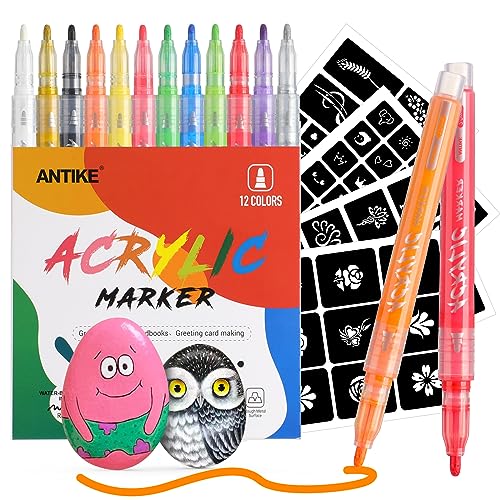 ANTIKE 12 Colors Washable Acrylic Markers Paint Pens Set with 104 Stencils,Acrylic Paint Pens for Rock - WoodArtSupply