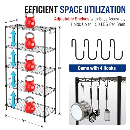 WORKPRO Storage Shelves, 5 Tier Metal Shelving Unit, Garage Wire Rack, Standing Adjustable Shelves with Hooks for Pantry Closet Kitchen Basement, 30" WORKPRO