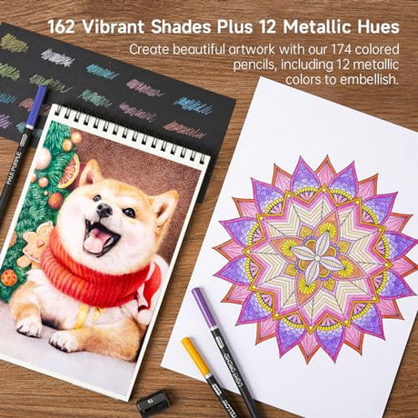174 Colors Professional Colored Pencils, Shuttle Art Soft Core Coloring Pencils Set with 1 Coloring Book,1 Sketch Pad, 4 Sharpener, 2 Pencil Shuttle Art