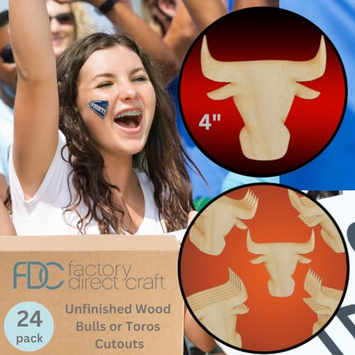 Unfinished Wood Bulls or Toros Cutouts Set of 24 - Shapes for Team Mascot Favors, Western Crafts, and DIY Projects (Size: 4 Inches W) Factory Direct Craft