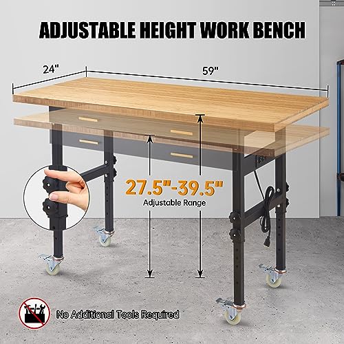 59" Workbench for Garage Work Bench with Drawers, Power Outlets, Casters, Natural Bamboo Wood Top Adjustable Workbench 2000 LBS Load Capacity Work