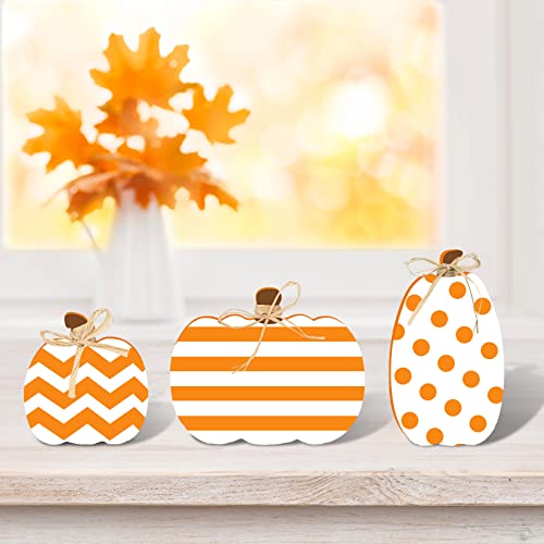 Whaline 3Pcs Unfinished Pumpkin Wooden Cutout with Natural Raffia Pumpkin Shaped Tiered Tray Decor Pumpkin Wooden Table Sign for Fall Thanksgiving Whaline