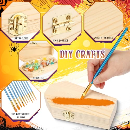 Sintuff 12 Pieces Unfinished Halloween Coffin Boxes with 10 Art Brushes 6 Inch Unfinished Wood Funeral Treasure Chest with Locking Clasp for - WoodArtSupply