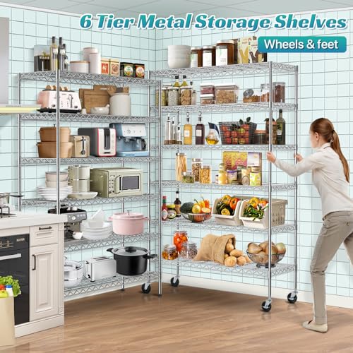 YRLLENSDAN 6000Lbs Capacity Adjustable Storage Shelves Heavy Duty Shelving Unit 6 Tier Metal Shelving with Wheels NSF Wire Shelving (48" W x 18" D x YRLLENSDAN