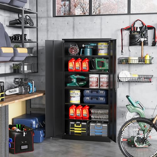 STANI Metal Garage Storage Cabinet with Lock, 71" Steel Lockable File Cabinet, Locking Steel Storage Cabinet with 4 Adjustable Shelves for Home, STANI
