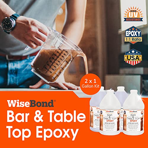 WiseBond Clear Table Top Epoxy Resin 2 Gallon Kit for Countertop, Bar Top - Durable Easy to Use, 1:1 Ratio, Food Safe Crystal Clear Casting for DIY