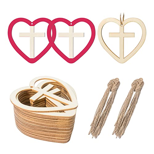 Heart Shape Wooden Cross Wooden Blank Wood with Twines Art Unfinished Ornaments for Christmas Wedding Birthday Party Valentine's Day Decoration 20Pcs Zontween